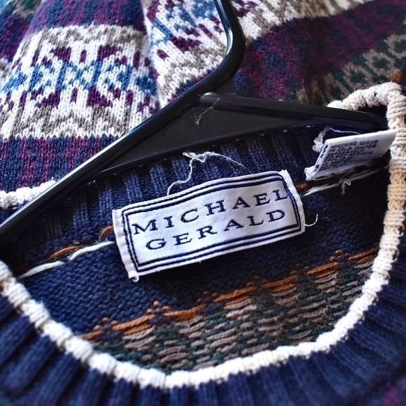 L- Vintage Michael Gerald Mens Grandpa Striped Pattern Navy Sweater - Picture 3 of 6